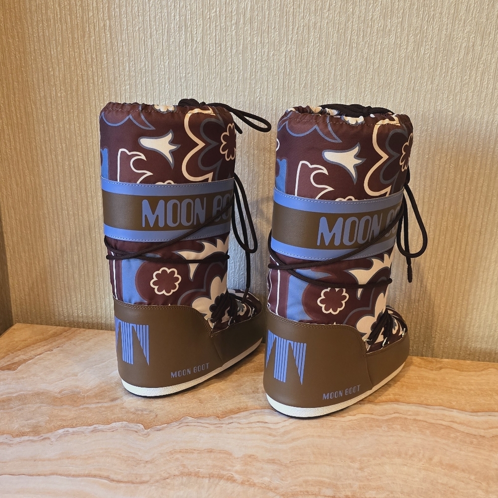 Moon Boot Icon Flower Moon Boots Floral Boots Brown White Blue Flowers - Picture 6 of 16
